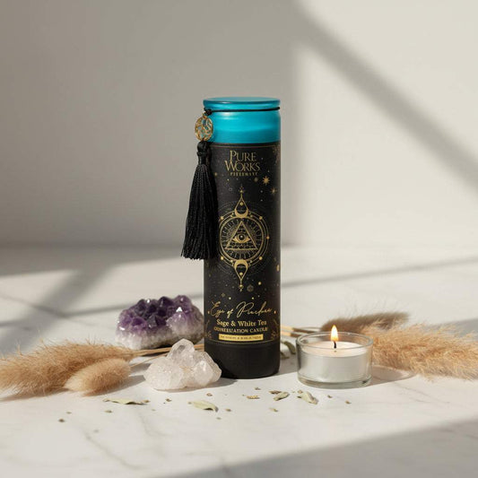 Manifestatiekaars Eye of Providence in stijlvol glas met zwarte kwast voor bescherming, inzicht en meditatie.