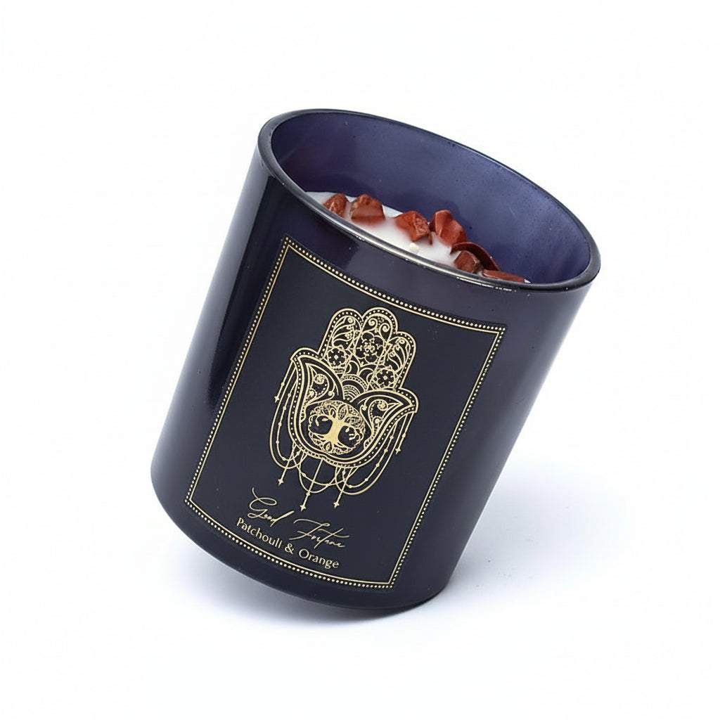 Manifestatiekaars Good Fortune met patchouli, sinaasappel en rode jaspis in luxe zwart glas