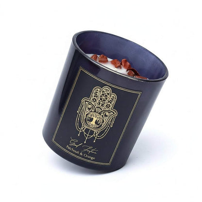 Manifestatiekaars Good Fortune met patchouli, sinaasappel en rode jaspis in luxe zwart glas