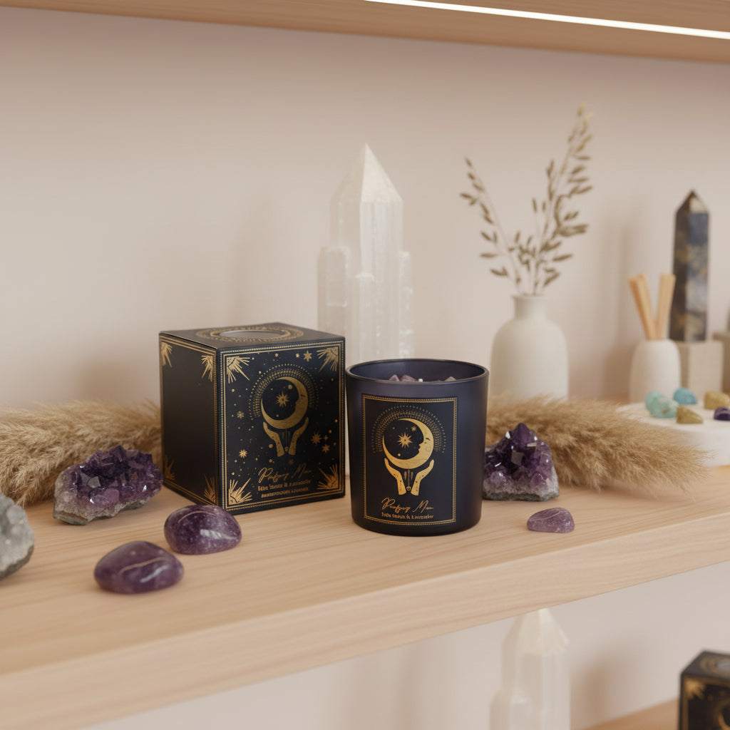 Manifestatiekaars Purifying Moon met Palo Santo, Lavendel en amethist in luxe glazen pot voor zuivering en rust.