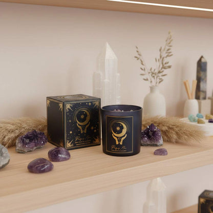 Manifestatiekaars Purifying Moon met Palo Santo, Lavendel en amethist in luxe glazen pot voor zuivering en rust.