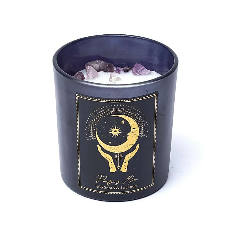 Manifestatiekaars Purifying Moon met geur van Palo Santo en lavendel, amethist steentjes en luxe glazen pot voor spirituele reiniging en ontspanning.