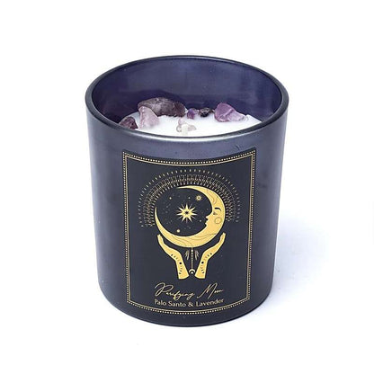 Manifestatiekaars Purifying Moon met geur van Palo Santo en lavendel, amethist steentjes en luxe glazen pot voor spirituele reiniging en ontspanning.