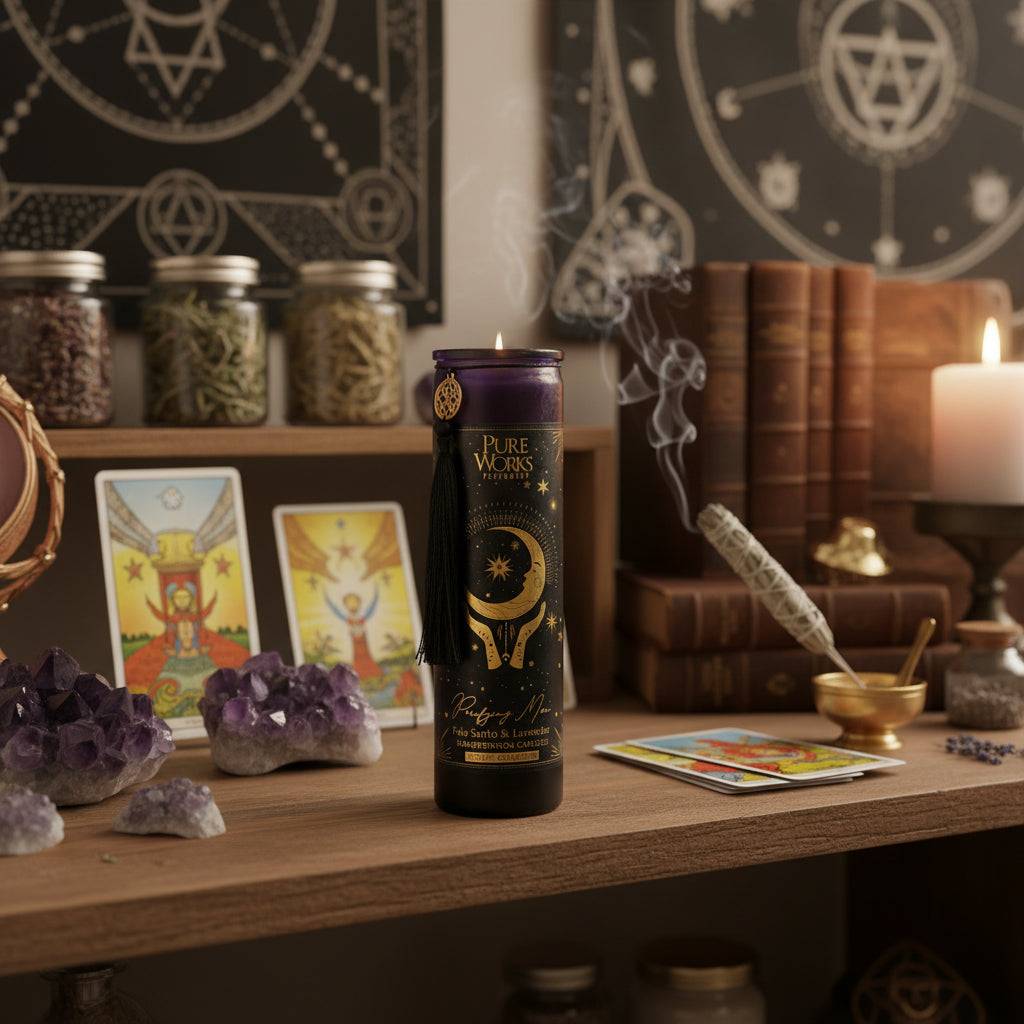 Manifestatiekaars Purifying Moon met Palo Santo en lavendel voor energetische reiniging en balans