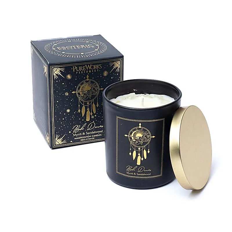 Manifestatiekaars Boho Dreams met mirre en sandelhout in luxe glazen pot met metalen deksel, handgegoten van sojawas en palmpitwas.