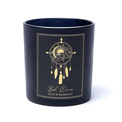 Manifestatiekaars Boho Dreams met mirre en sandelhout in zwart glas met bergkristal voor meditatie en rustgevende sfeer.