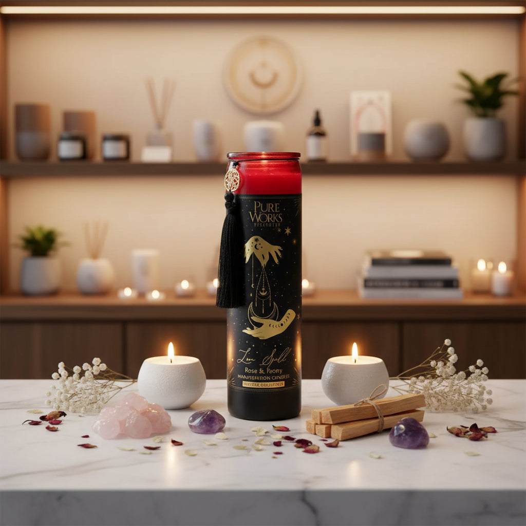 Manifestatiekaars Love Spell met rozen- en pioenroosgeur in een elegante glazen pot voor liefde en harmonie, 80 uur brandduur.