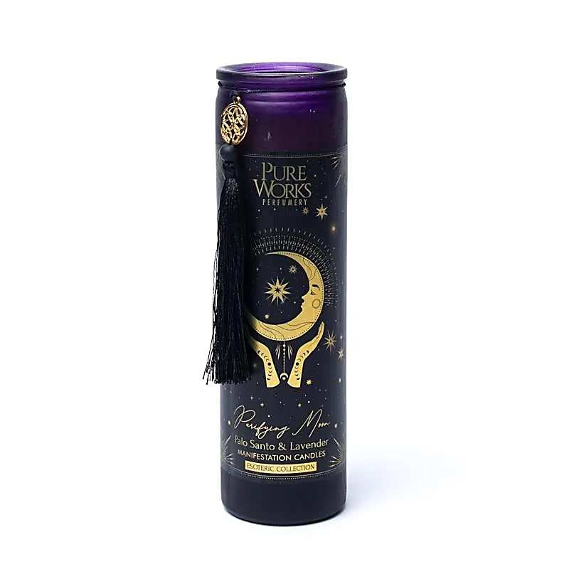 Manifestatiekaars Purifying Moon met Palo Santo en Lavendel in luxe glazen pot met kwast voor energetische reiniging en innerlijke balans