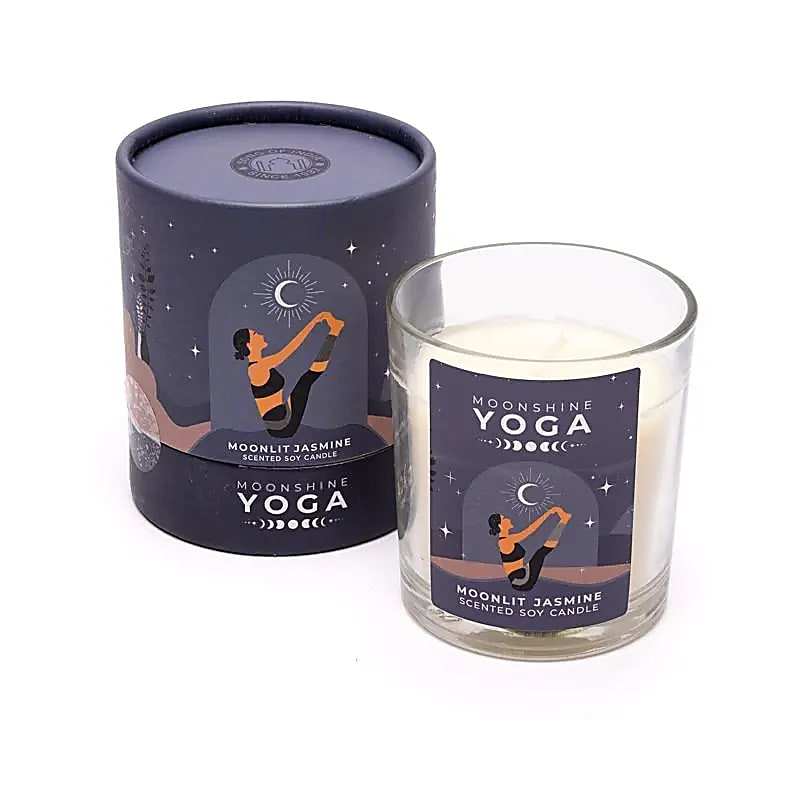Moonshine Yoga Geurkaars Moonlit Jasmine in glazen pot met stijlvolle verpakking en rustgevende jasmijngeur