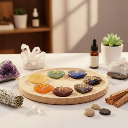 set van 7 handgemaakte chakra heart pendants met goudkleurige symbolen en zwart leren ketting