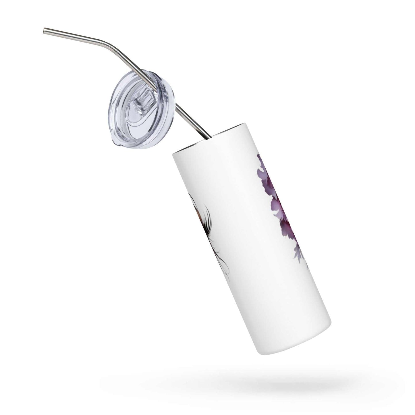 White stainless steel tumbler with floral face art, 20oz capacity, BPA-free lid and metal straw.