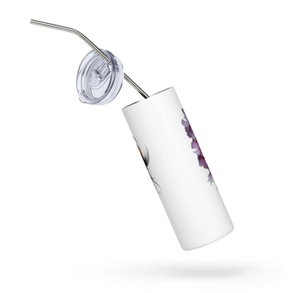 White stainless steel tumbler with floral face art, 20oz capacity, BPA-free lid and metal straw.