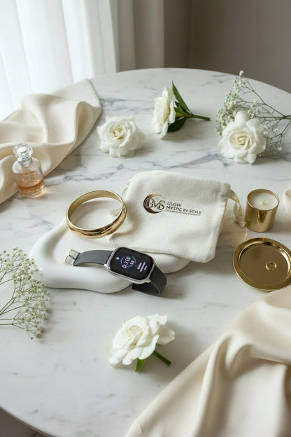 Gouden minimalistische RVS bangle armband gestyled met smartwatch, bloemen en luxe accessoires voor een stijlvolle lifestyle uitstraling.