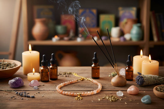 Zonnesteen ketting met goudkleurige zon hanger op houten tafel omringd door kaarsen en aromatherapie voor energiek en positief gevoel