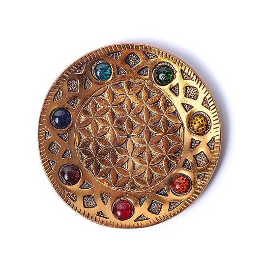 Koperkleurige Wierookhouder Bloem des Levens met gekleurde steentjes voor spirituele harmonie en bescherming