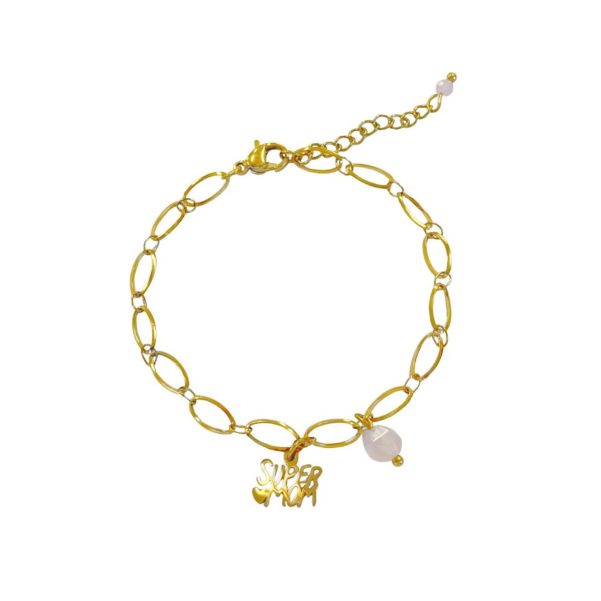 Goudkleurige schakelarmband met "supermom" bedel en parelmoer detail van Saint Clairmont