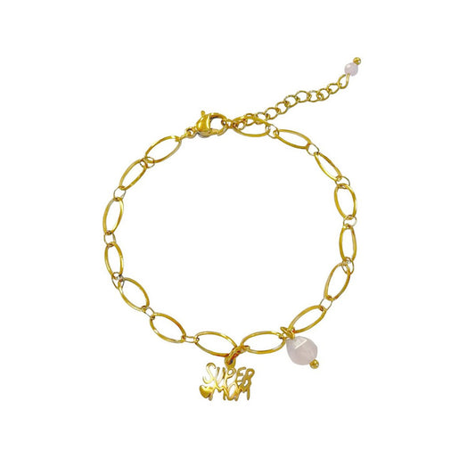 Goudkleurige schakelarmband met "supermom" bedel en parelmoer detail van Saint Clairmont