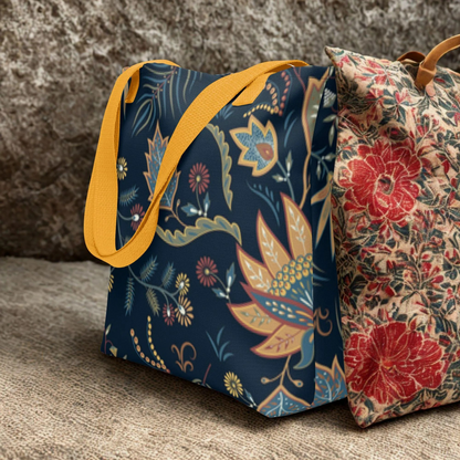 Autumn Floral Tote Bag with navy background, warm floral design, and yellow handles, eco-friendly and spacious for daily use.
