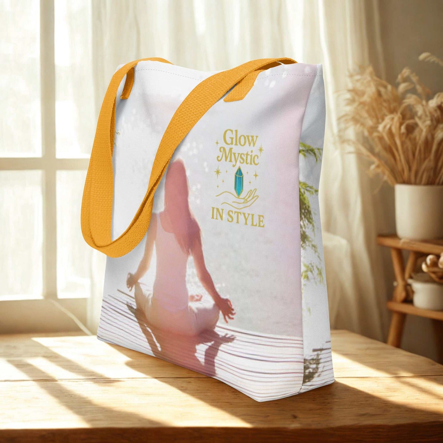 White Spiritual Tote Bag with yellow handles featuring meditation design and "Glow Mystic In Style" text, eco-friendly and spacious