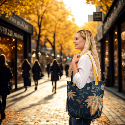 woman carrying autumn floral tote bag with yellow handles on city street with fall foliage