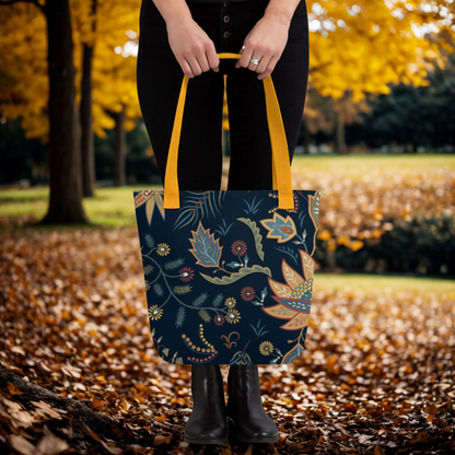 Autumn Floral Tote Bag with navy background and colorful fall-inspired floral patterns, yellow handles, held outdoors with autumn leaves.