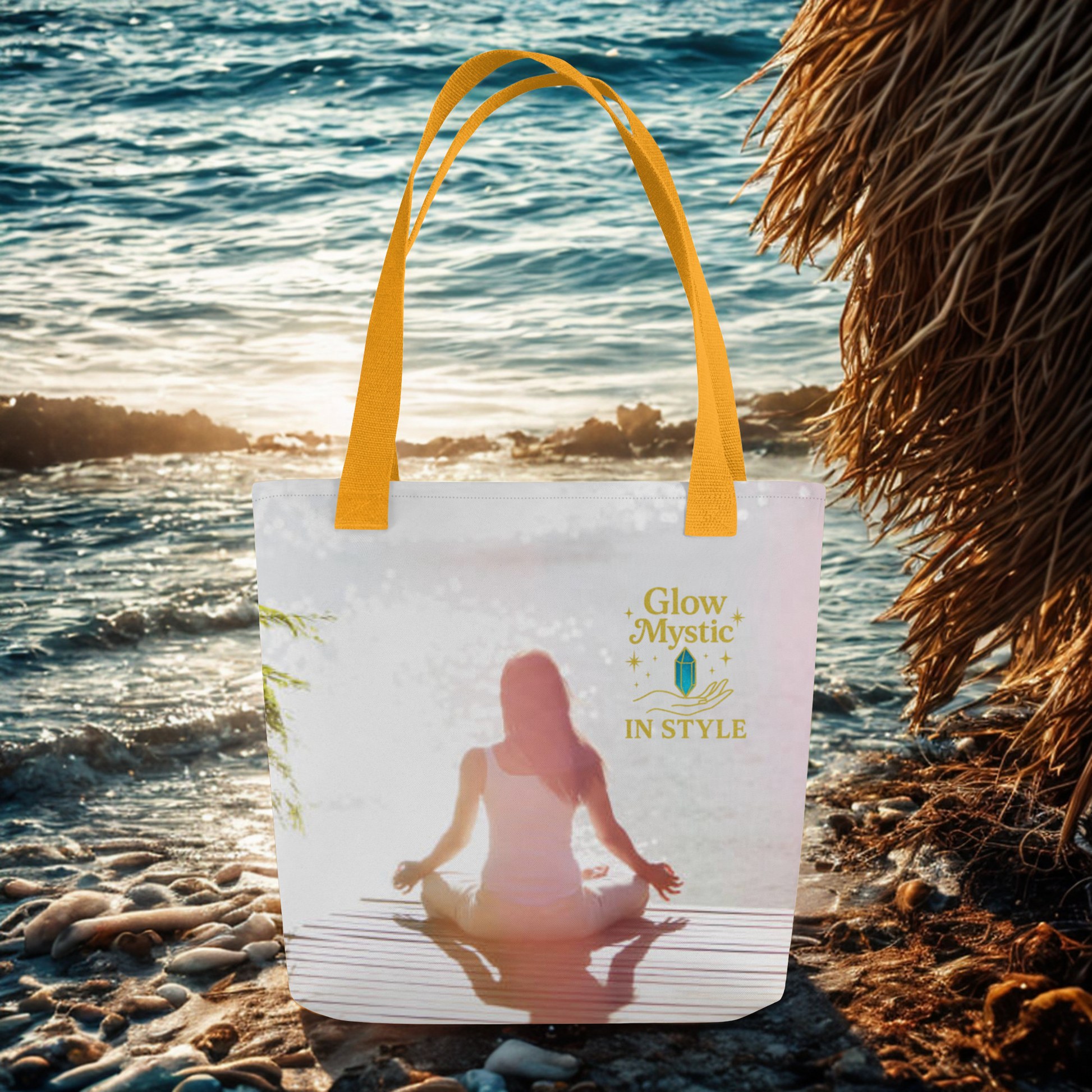 Spiritual Tote Bag with meditation design and yellow handles, eco-friendly and durable for everyday use
