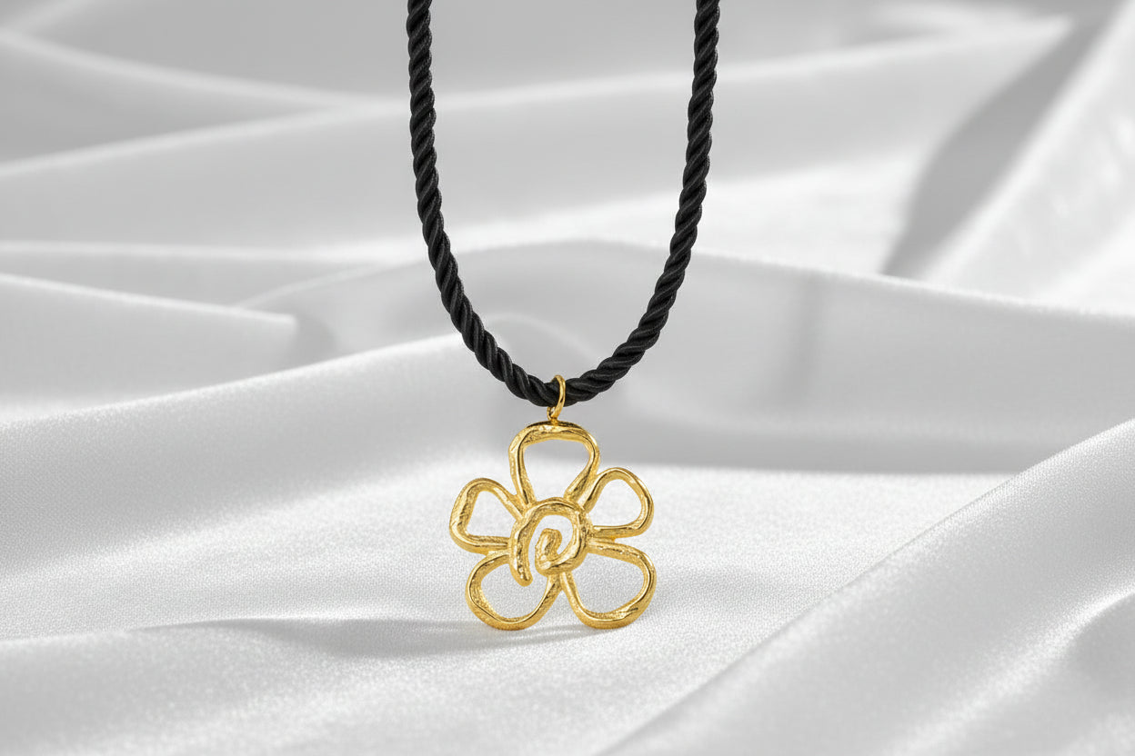 Boho stijl zwarte ketting met goudkleurige bloemhanger.