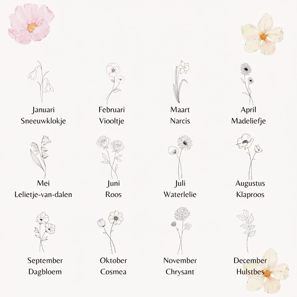 Een elegante illustratie op een crème-kleurige achtergrond met de twaalf geboortebloemen van het jaar, elk getoond als een delicate zwarte lijntekening. De bloemen zijn gerangschikt in een rooster met hun maandnaam in het Nederlands en de naam van de specifieke bloem eronder. Linksboven en rechtsonder zijn subtiele, zachtroze waterverfbloemen te zien. Een prachtige gids voor persoonlijke geboortebloem sieraden.
