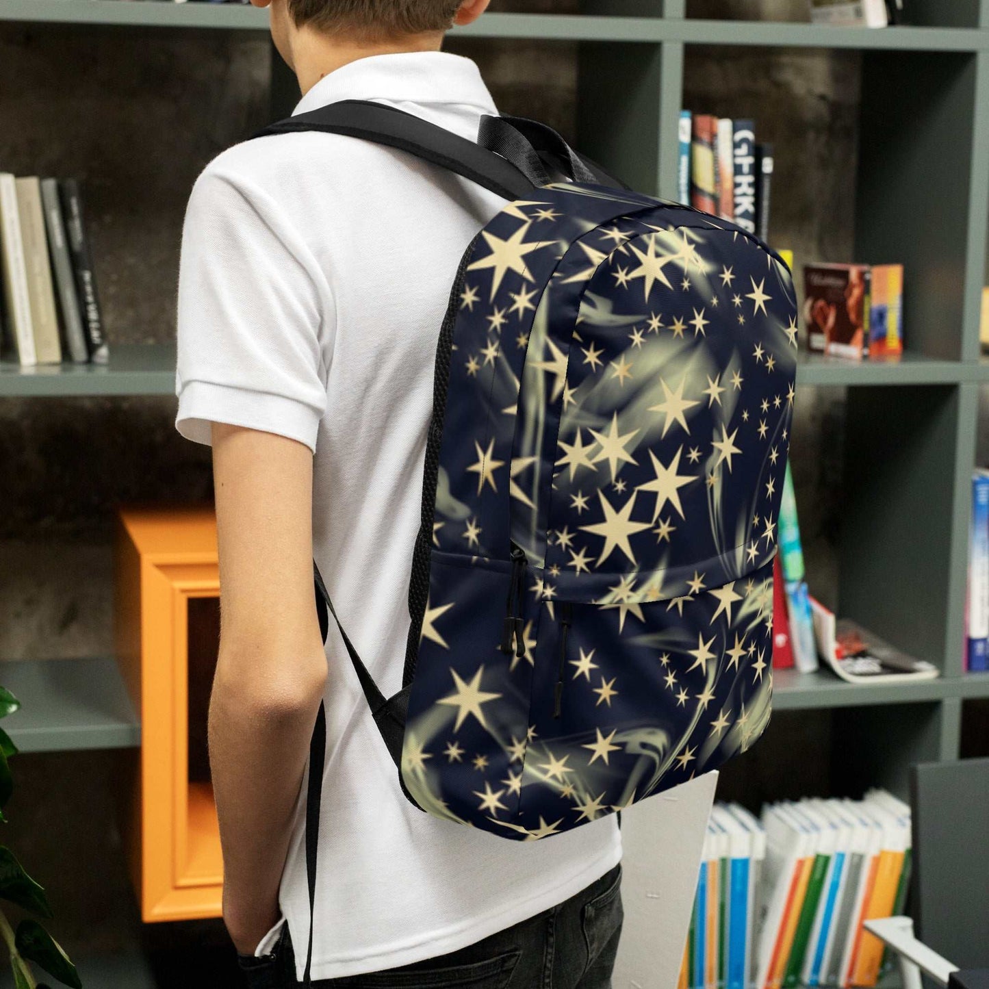 Student wearing Shining Star Backpack Cosmic School Bag with starry design and padded straps in library setting