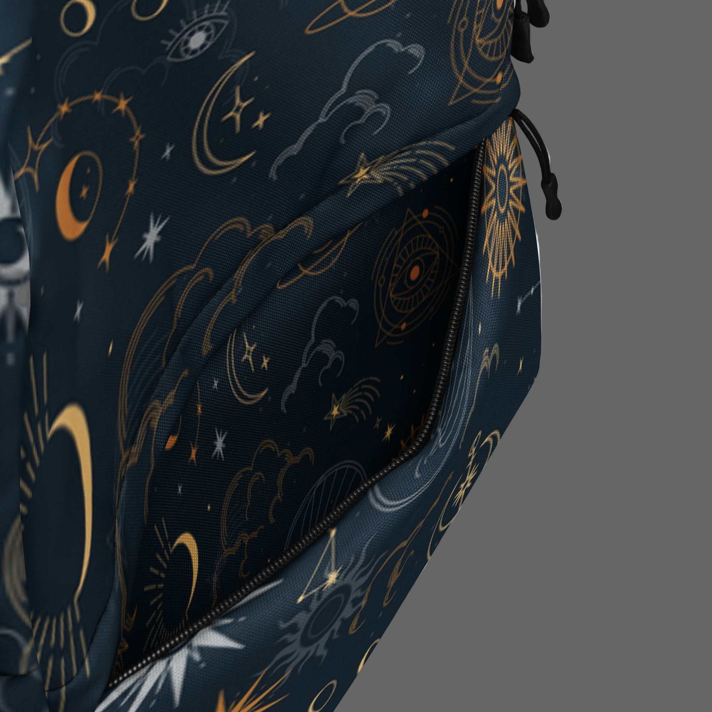 Mystic Moons and Stars Backpack with celestial moon and star design, water-resistant polyester, multiple compartments, padded straps, and laptop pocket.
