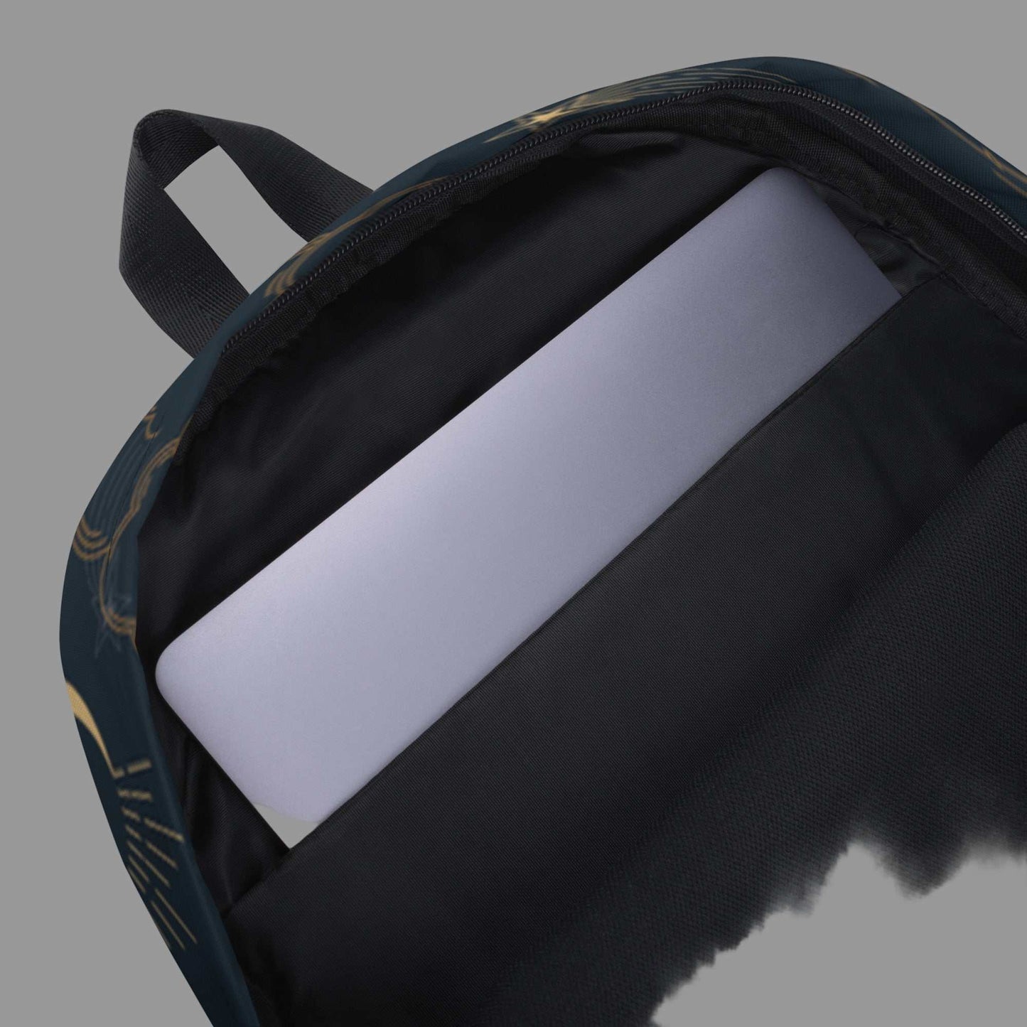 Open Mystic Moons and Stars Backpack showing laptop compartment and celestial design on water-resistant fabric