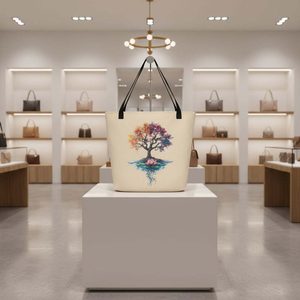 Large tote bag with Mystic Tree of Life print and black handles in a boutique setting