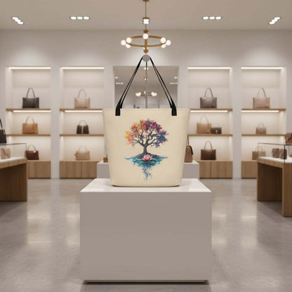 Large tote bag with Mystic Tree of Life print and black handles in a boutique setting