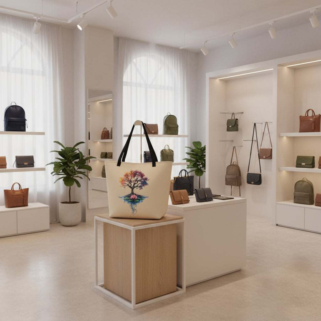 Large tote bag with Mystic Tree of Life print and black handles displayed in boutique store