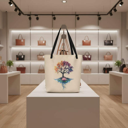 Large tote bag with colorful Mystic Tree of Life print and black handles in a modern store setting