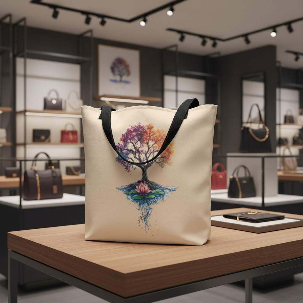 Large tote bag with colorful Mystic Tree of Life print and black handles in a boutique setting