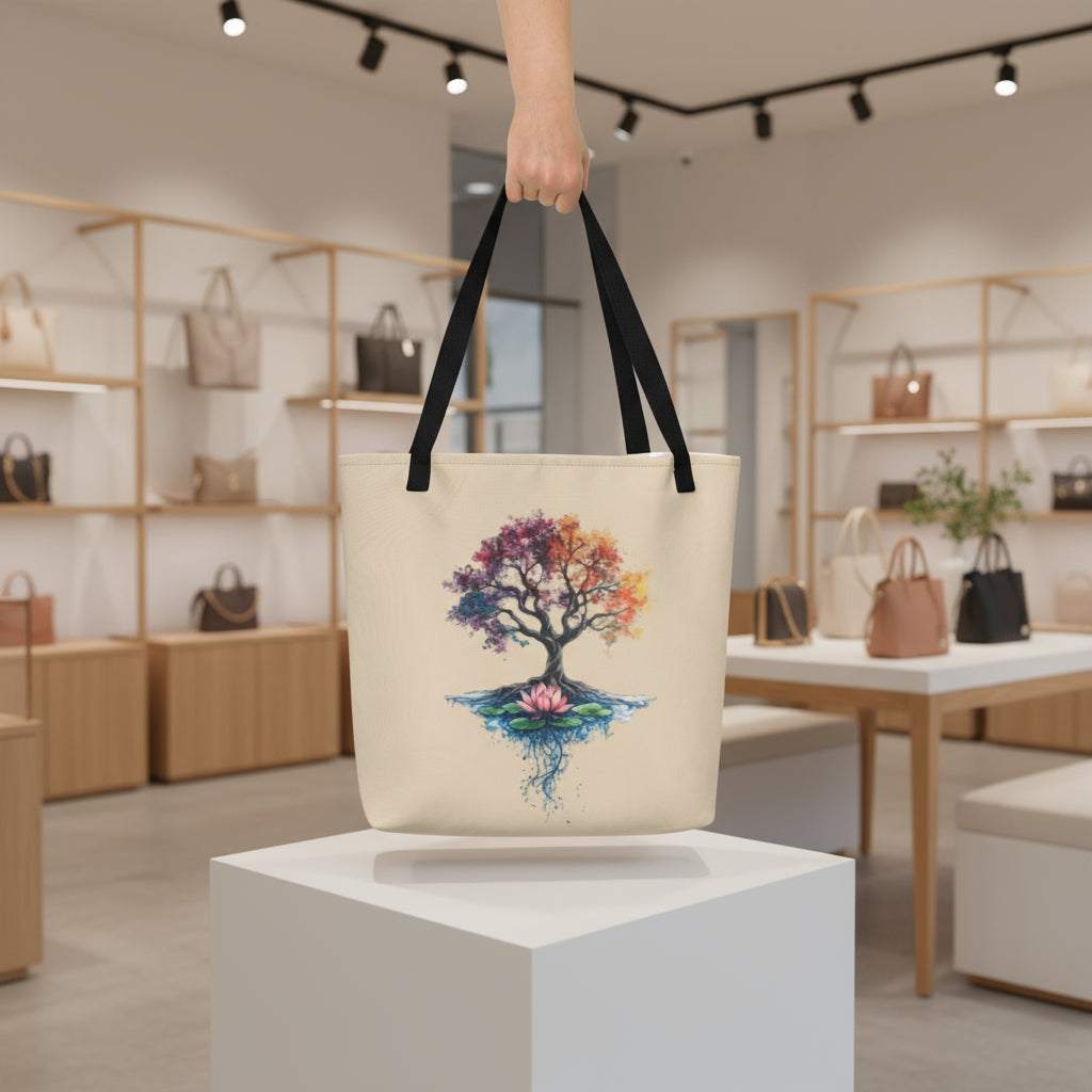 Mystic Tree of Life large tote bag with colorful cosmic tree design and black handles in modern boutique setting