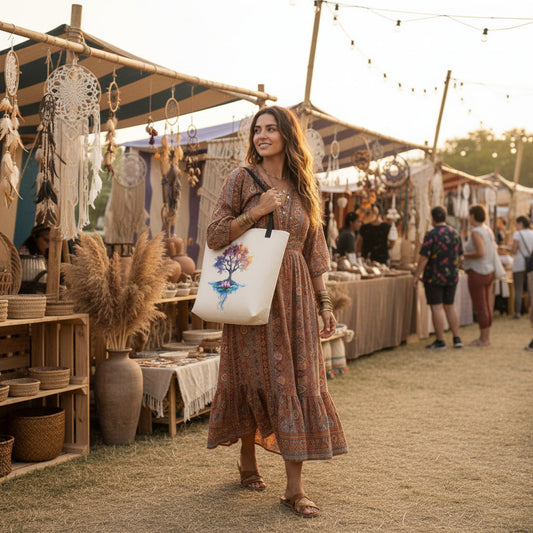 Boho tote bag with Mystic Tree of Life print carried by woman at outdoor market