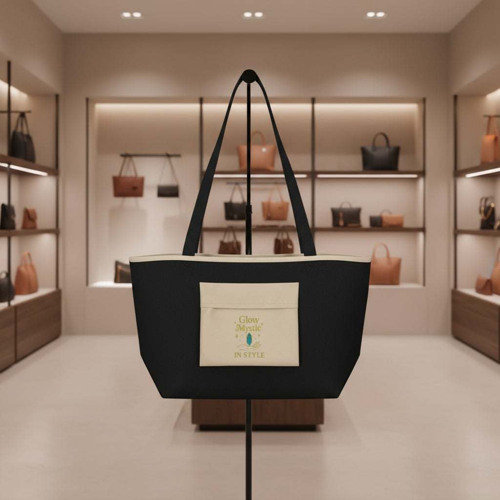 Large black tote bag with cream front pocket and long handles, displayed in a luxury handbag store.