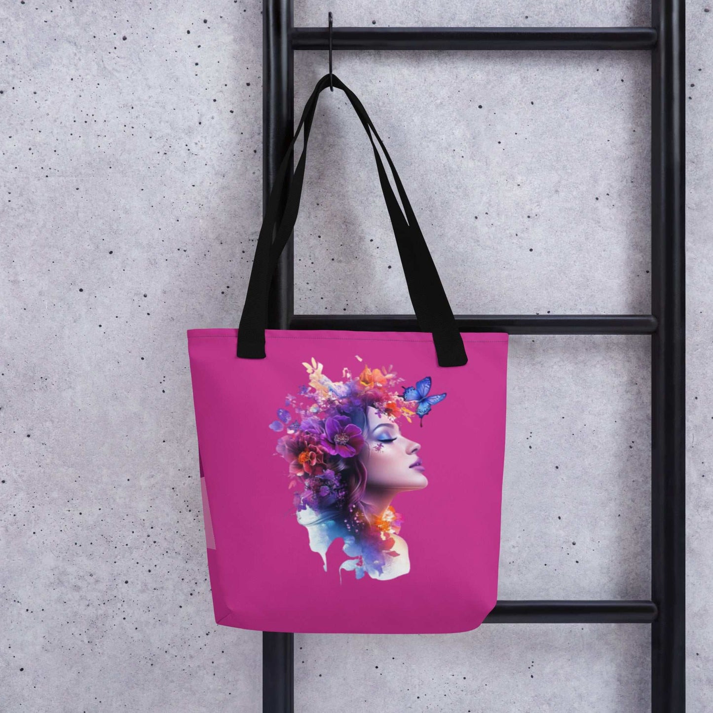 Mystic Butterfly Tote Bag with purple artistic woman and butterfly design, black handles, eco-friendly and spacious tote for daily use