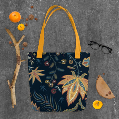 Autumn Floral Tote Bag with colorful fall leaves and floral pattern on dark background with yellow handles