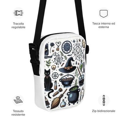 Witchy Halloween crossbody bag with adjustable strap, witch motifs, and durable water-resistant fabric