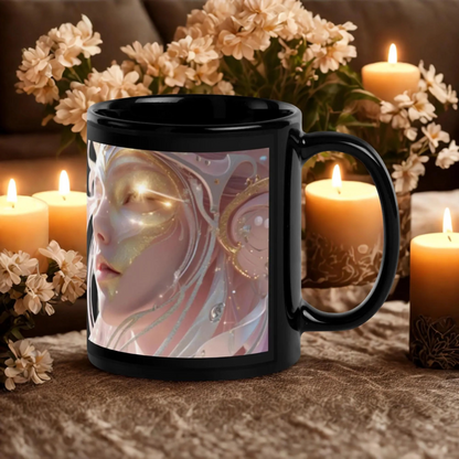 Glossy Black Angel Mug with angel design on black ceramic, glossy finish, displayed with candles and flowers