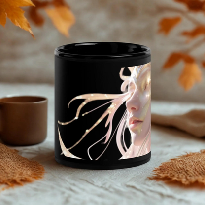 Glossy black ceramic mug with angel-inspired face design, dishwasher and microwave safe