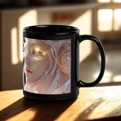 Glossy Black Angel Mug with angel-inspired design and glossy finish, ceramic coffee cup with ergonomic handle