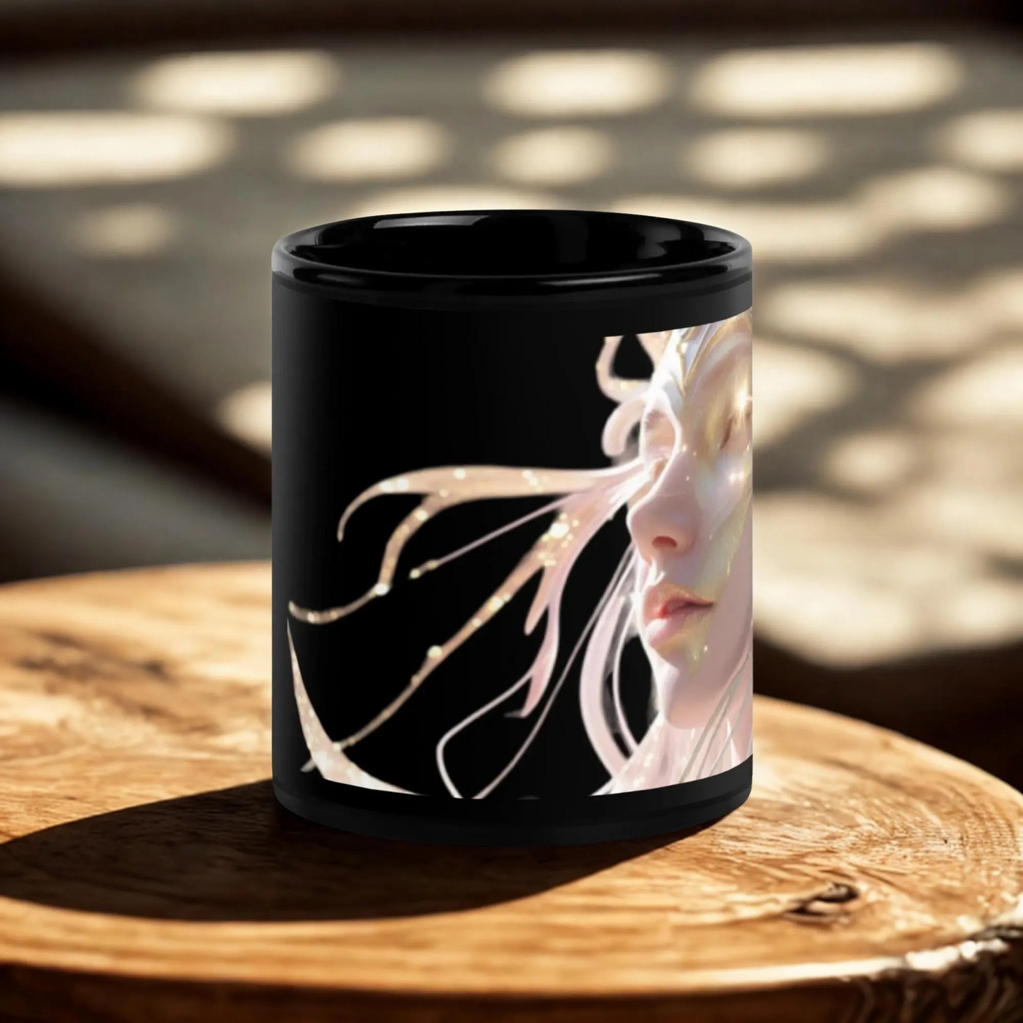 Glossy Black Angel Mug ceramic cup with angel design and glossy black finish