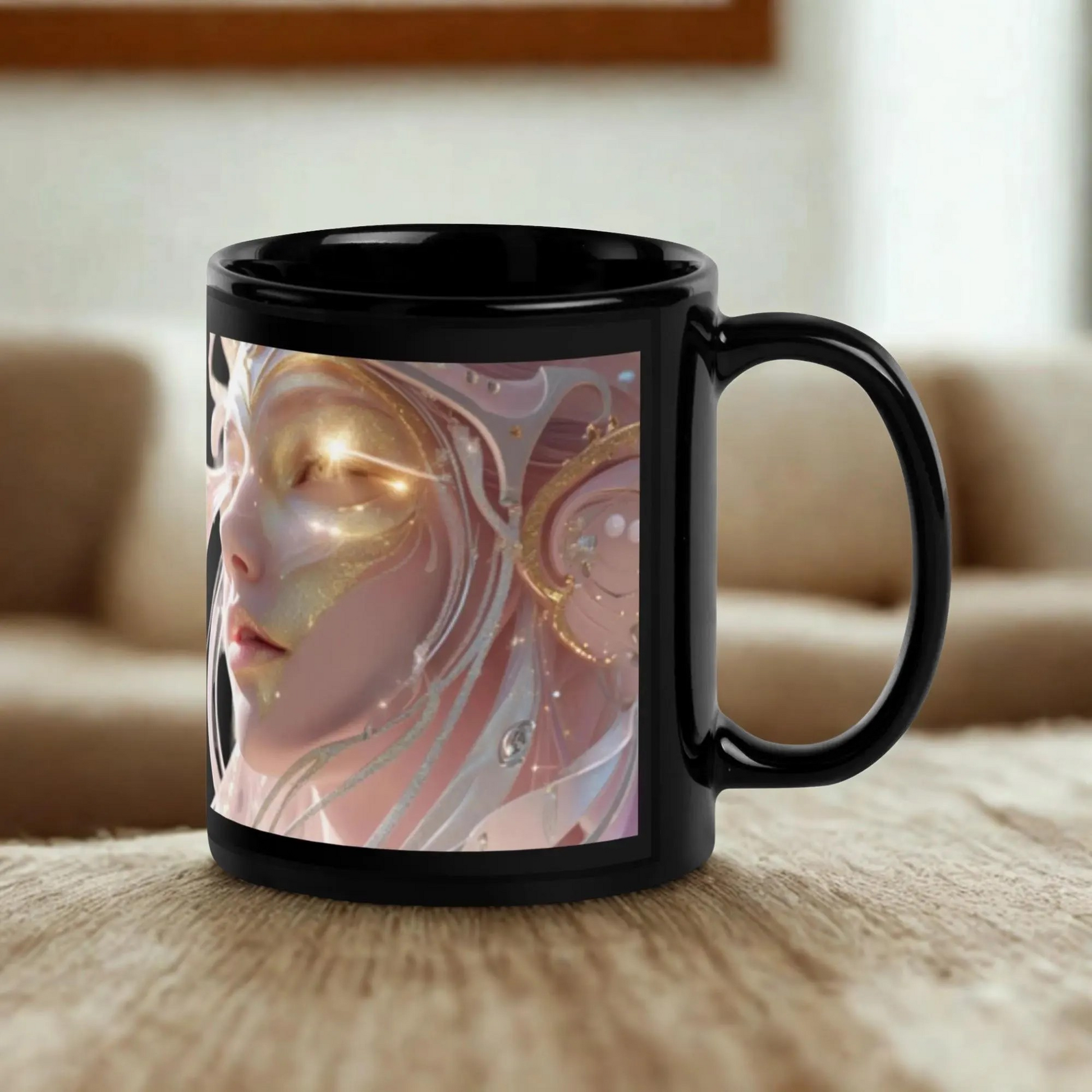 Glossy Black Angel Mug ceramic cup with angel design and glossy finish