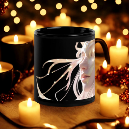 Glossy black ceramic coffee mug with angel design surrounded by candles