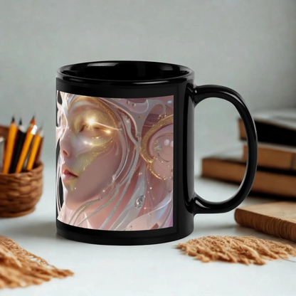 Glossy black ceramic mug with angel design and glossy finish for coffee or tea