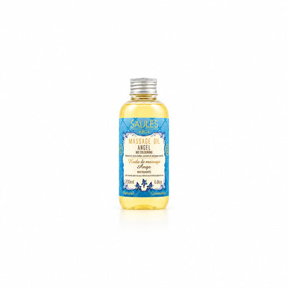 Saules Fabrika luxe massageolie Angel 200ml doseerfles met lichtblauw label tegen een sfeervolle achtergrond met droogbloemen en pampasgras - Glow Mystic in Style.